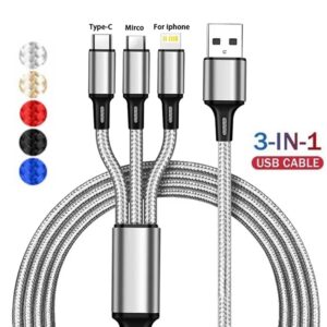3-in-1 USB Fast Charging Cable – Type C, Micro, iOS Multi Charger Cable, Nylon Braided