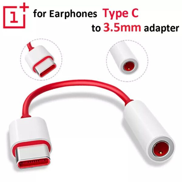 OnePlus USB-C to 3.5mm Audio Adapter with Hi-Res DAC & Smart Chip – Premium Sound for OnePlus 6T/7/8/9/10/Nord Series | 97cm Cable | White+Red